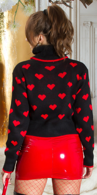 knitted Sweater with Turtleneck "Hearts" Black